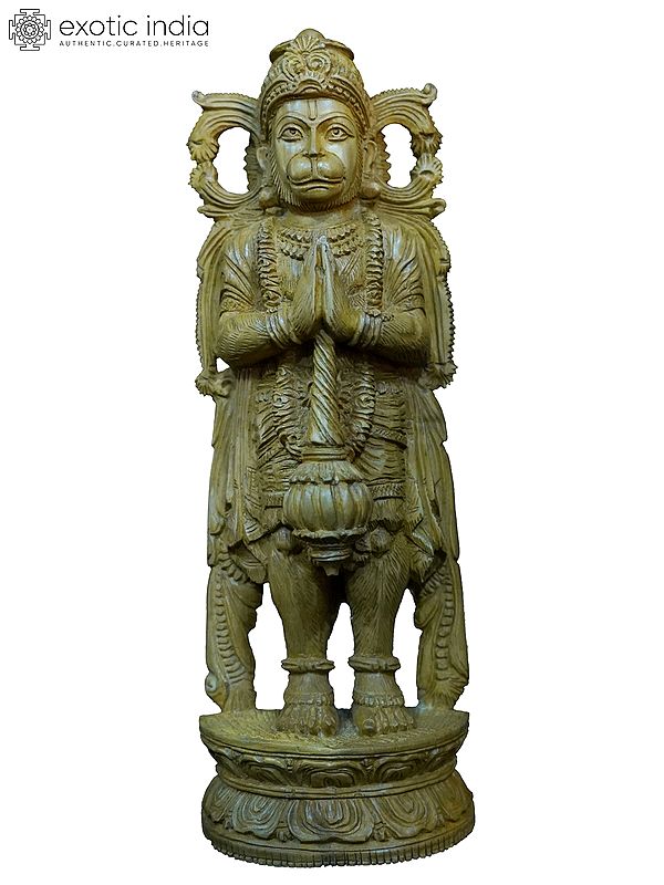 10" Standing Lord Hanuman With Namaskar Mudra | Handmade White Wood Statue