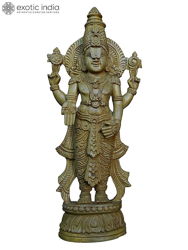 10" Four Armed Statue Of Tirupati Balaji | Handmade White Wood Statue