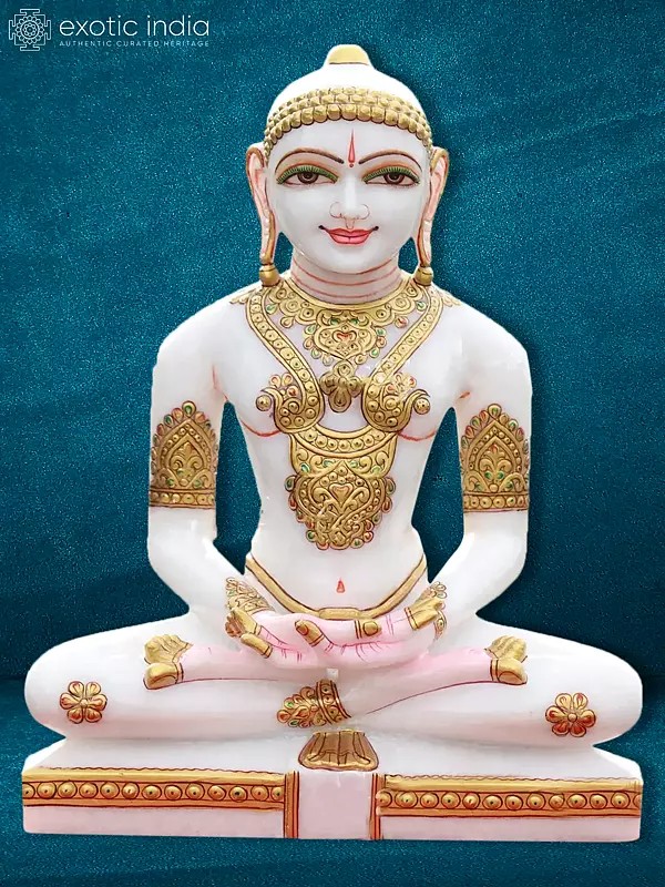 18" Idol of Mahavir Jain In Seated Posture | Handmade Super White Makrana Marble Sculpture