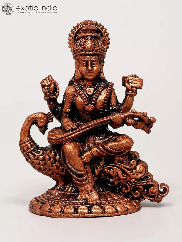 2" Small Goddess Saraswati Seated on Swan | Copper Idol