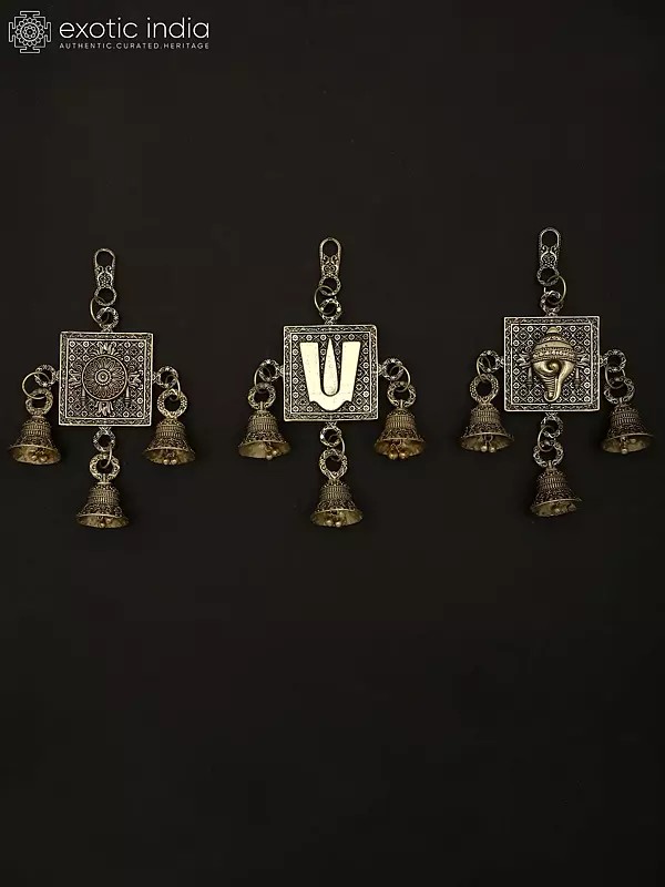 6" Superfine Chakra Tilak and Conch Bells in Brass | Set of Three | Wall Hanging