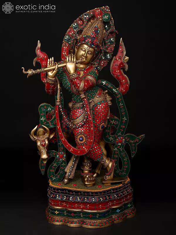 34" Large Venugopal Krishna with Cow | Brass Statue with Inlay Work