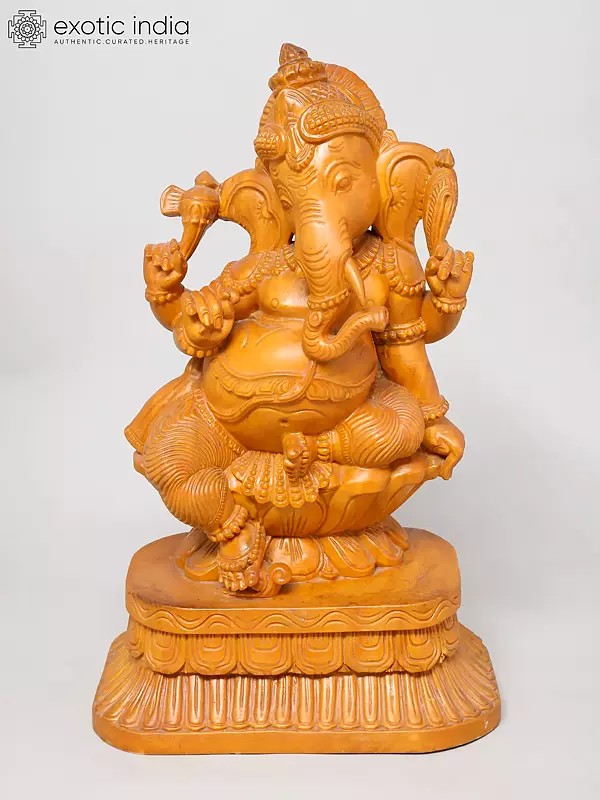 19" Lord Ganesha Seated on Lotus | Wood Carving