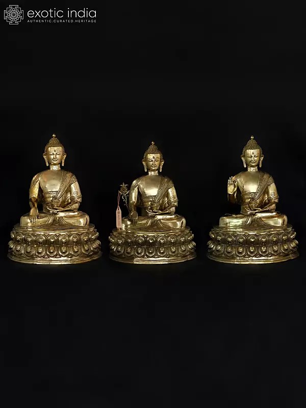 36" Large Size Buddha Set - Bhumisparsha Buddha, Medicine Buddha and Buddha in Abhaya Mudra | Set of Three Brass Statues