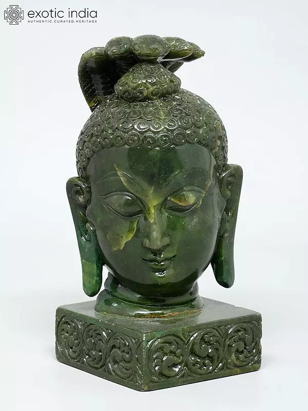 8" Gautam Buddha Head with Protective Snake | Green Stone Statue | Made In Orissa