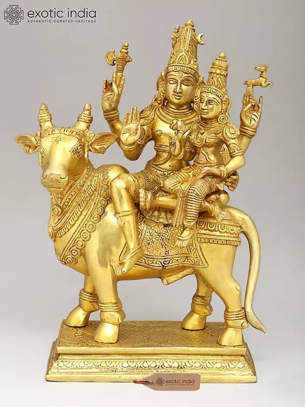 15" Shiva Parvati Seated on Nandi | Brass Statue