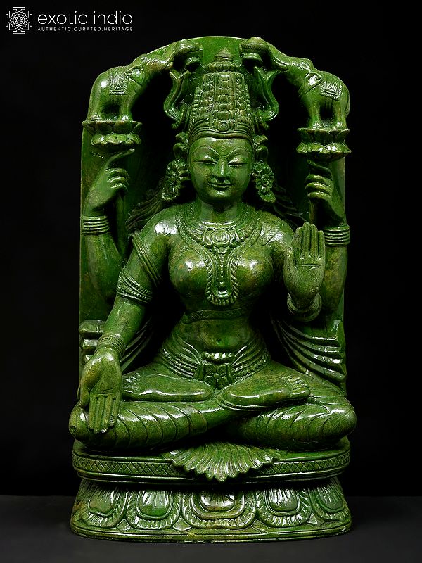 9" Goddess Gajalakshmi | Green Stone Statue | Made In Orissa