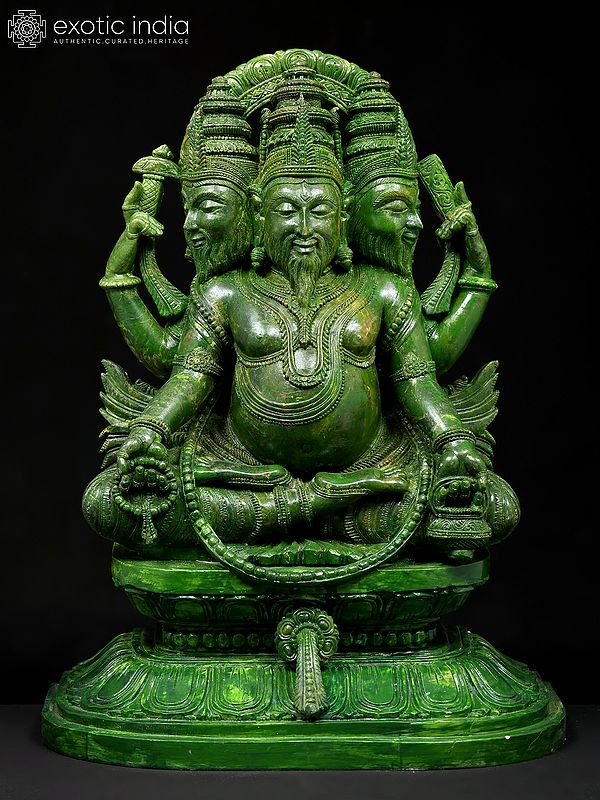 15" Three Headed Lord Brahma | Green Stone Statue | Made In Orissa