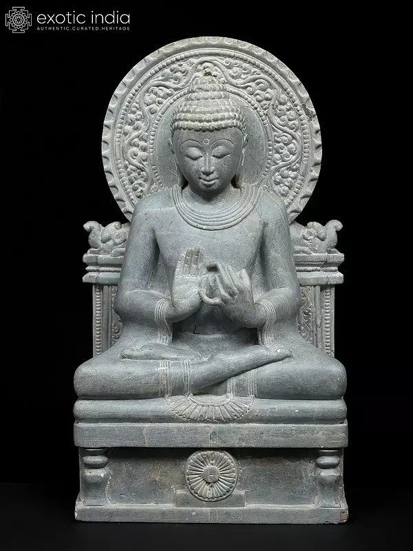 9" Sitting Lord Buddha in Dharmachakra Mudra | Gray Stone Statue | Made In Orissa