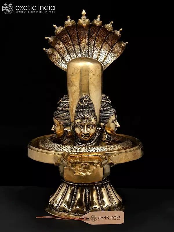 30" Brass Shivalingam with Four Shiva Faces and Protected by Nine Hooded Serpent