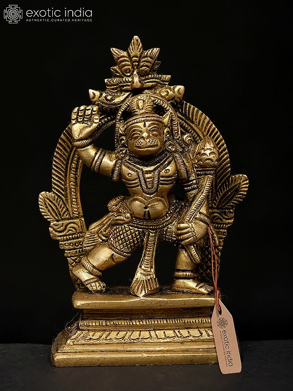 4" Small Lord Hanuman Standing on Kirtimukha Throne | Brass Idol