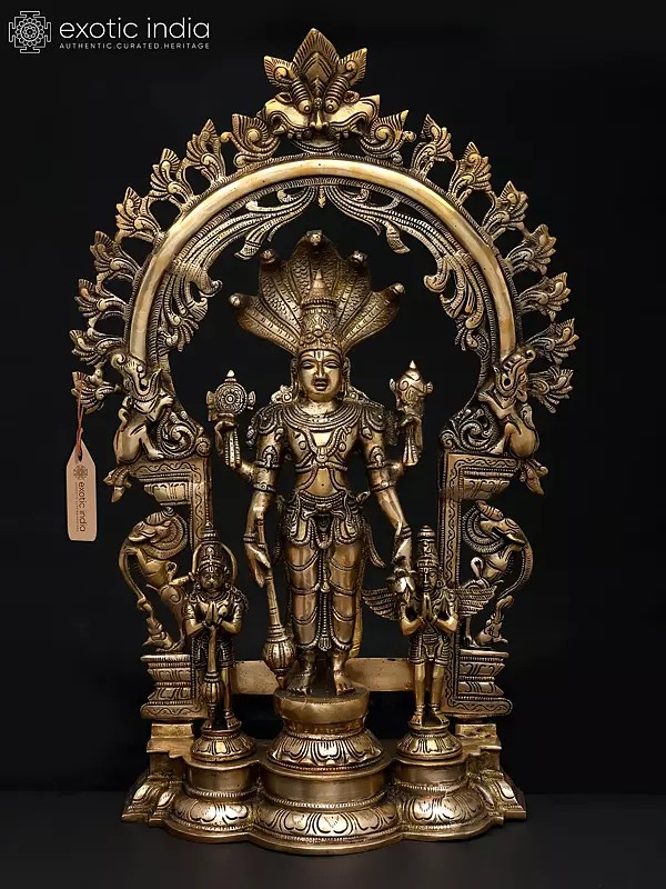 24" Standing Four Armed Lord Vishnu on Kirtimukha Throne with Garuda and Hanuman | Brass Statue