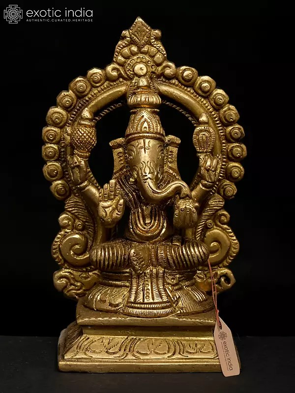 4" Small Four Armed Blessing Lord Ganesha Seated on Throne | Brass Idol