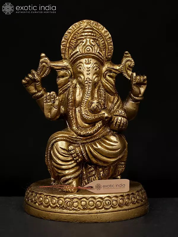 4" Small Chaturbhuja Blessing Lord Ganesha | Brass Statue