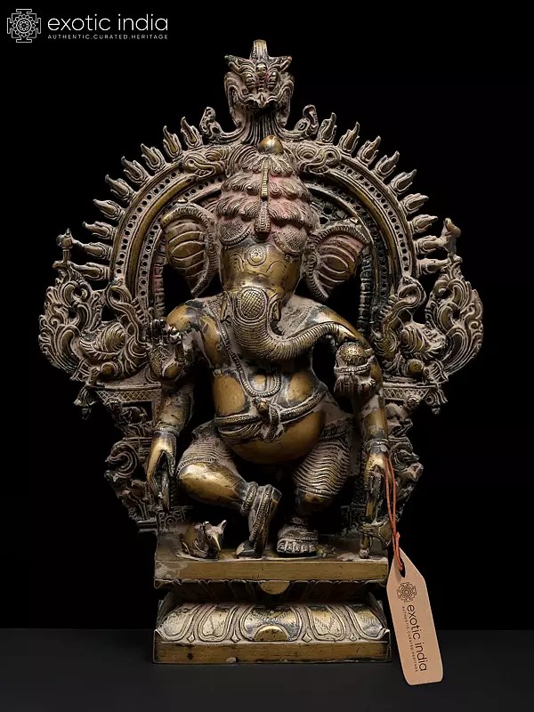 14" Four Armed Dancing Lord Ganesha on Kirtimukha Throne | Brass Statue