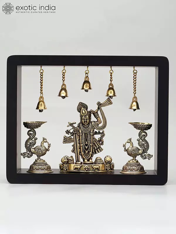 10" Superfine Shrinathji with Peacock Lamps | Wood Framed Brass Sculpture | Wall Hanging