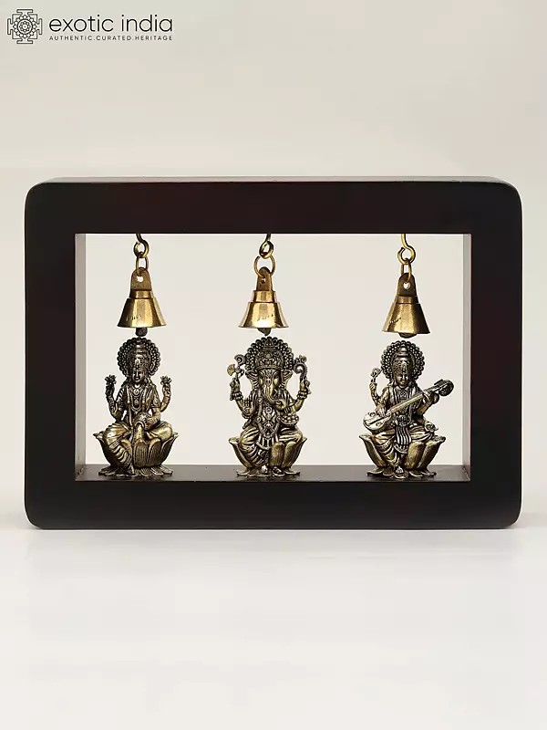 7" Wood Framed Superfine Lakshmi Ganesha Saraswati Statues in Brass | Wall Hanging