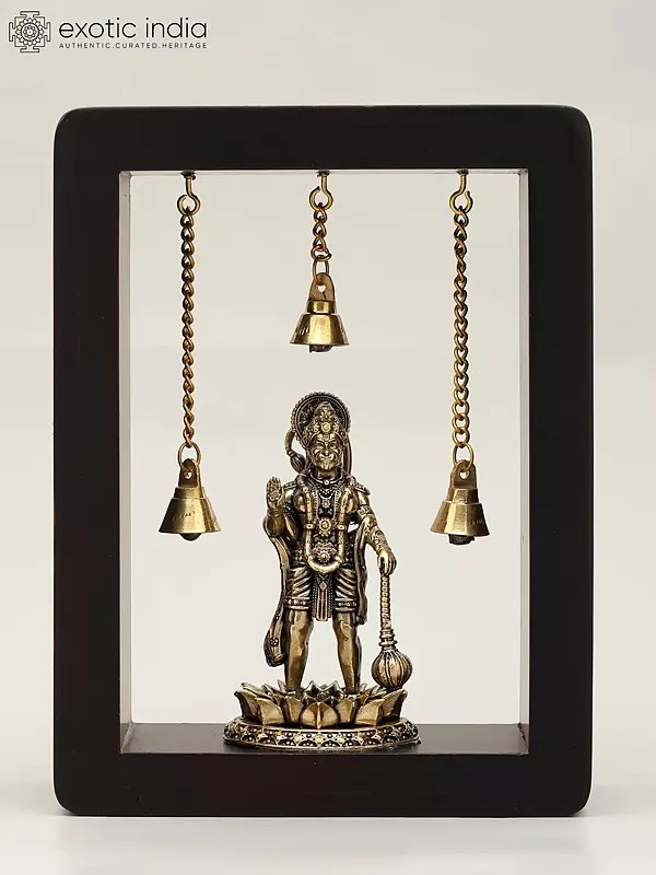 8" Superfine Standing Lord Hanuman in Blessing Gesture | Wood Framed Brass Sculpture | Wall Hanging
