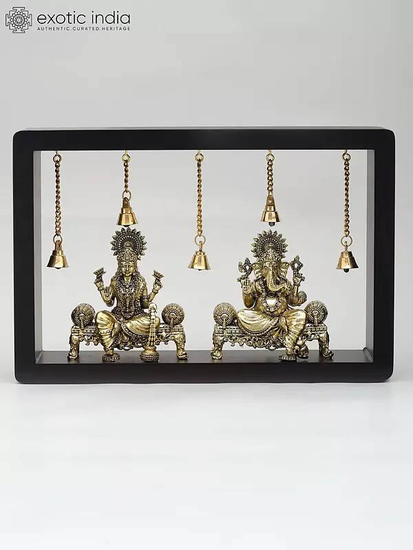 12" Wood Framed Superfine Sitting  Lakshmi Ganesha Statues in Brass | Wall Hanging