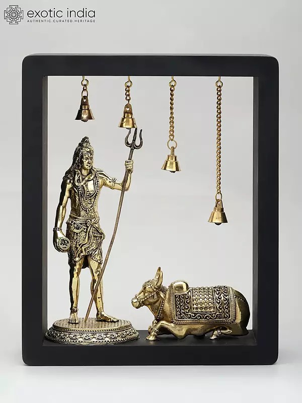 11" Superfine Standing Lord Shiva with Nandi | Wood Framed Brass Sculptures | Wall Hanging