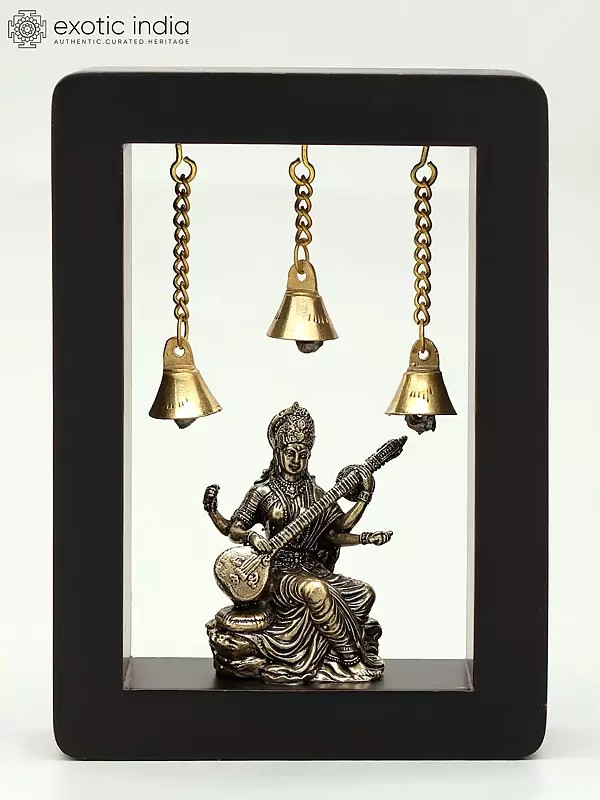 7" Brass Superfine Devi Saraswati with Bells | Wood Framed | Wall Hanging
