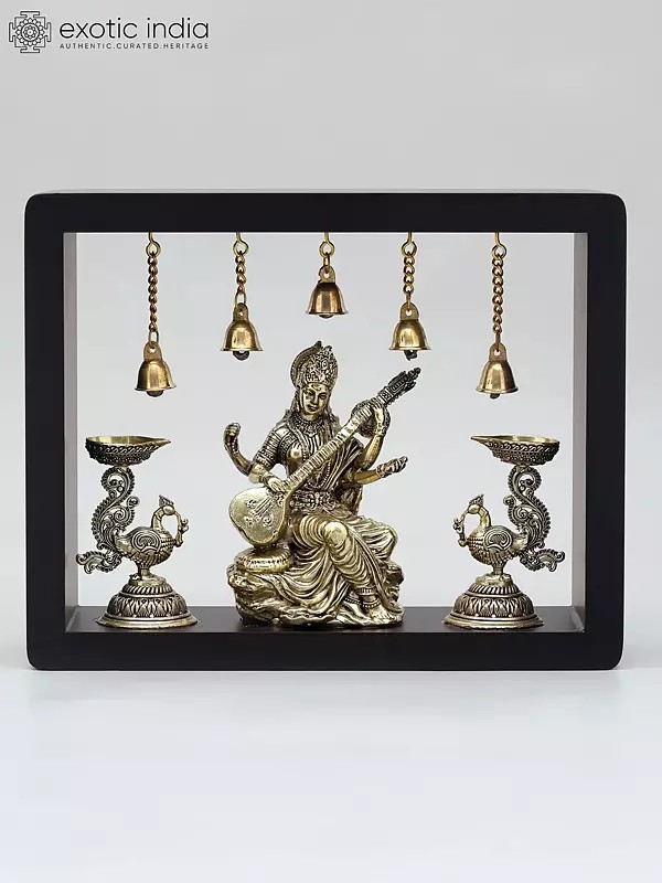 10" Superfine Sitting Goddess Saraswati with Peacock Lamps | Wood Framed Brass Sculpture | Wall Hanging