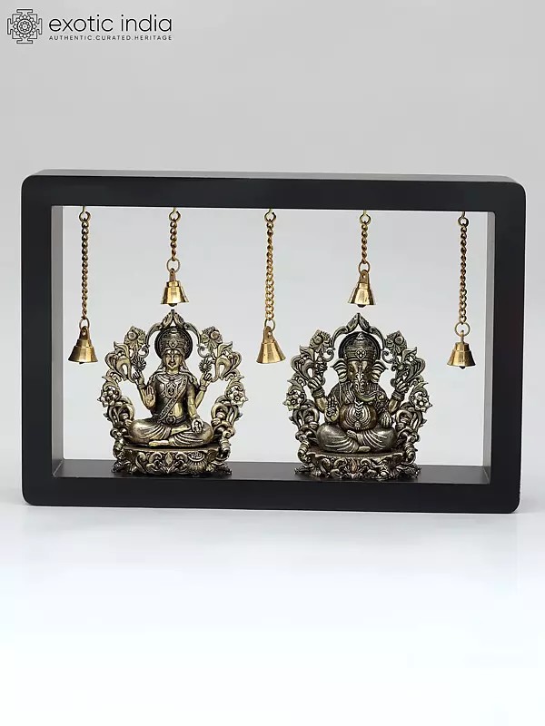 12" Superfine Sitting Lakshmi Ganesha with Dangling Bells | Wood Framed Brass Sculptures | Wall Hanging