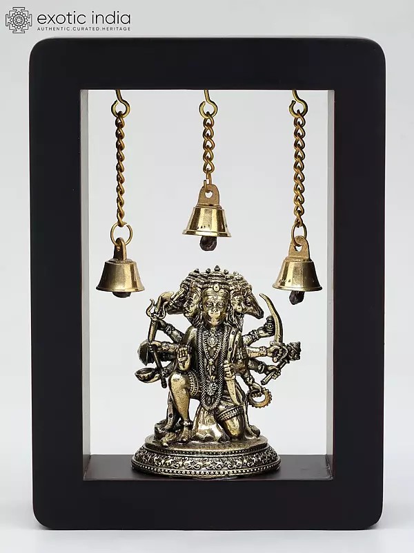 7" Superfine Sitting Panchamukhi Lord Hanuman | Wood Framed Brass Sculpture