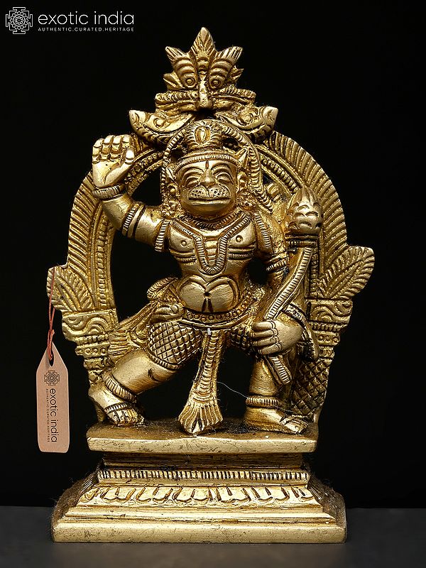 4" Small Bajarangabali Hanuman with Kirtimukha Prabhavali | Brass Statue