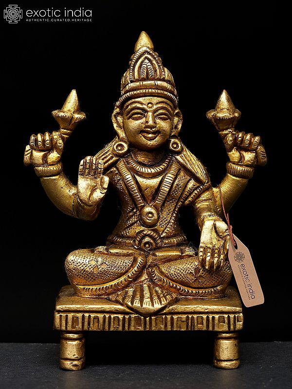 4" Sitting Four Armed Blessing Goddess Lakshmi | Brass Statue