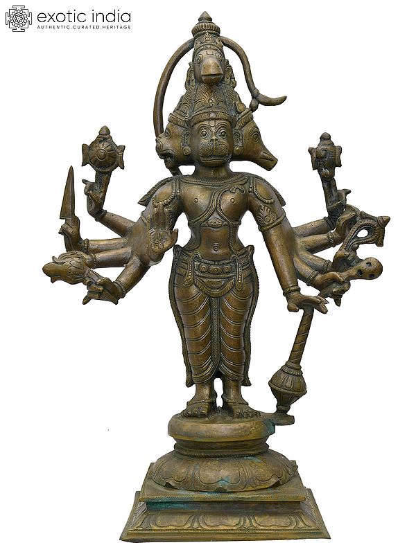 20" Standing Ten Armed Panchamukhi Lord Hanuman | Madhuchista Vidhana (Lost-Wax) | Panchaloha Bronze from Swamimalai