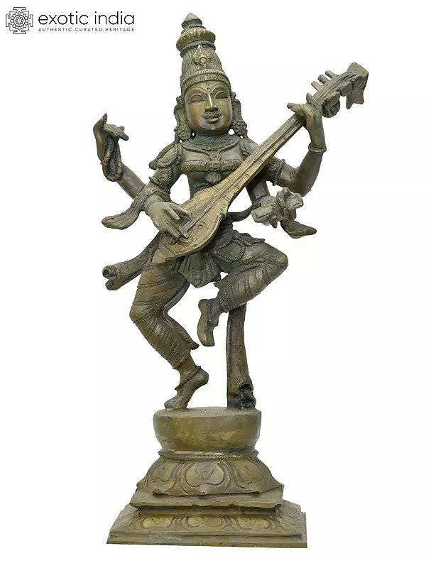 13" Four Armed Dancing Goddess Saraswati | Madhuchista Vidhana (Lost-Wax) | Panchaloha Bronze from Swamimalai