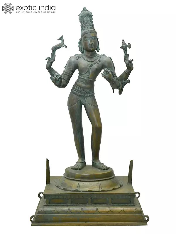 21" Four Armed Standing Pashupatinath (Lord Shiva) | Madhuchista Vidhana (Lost-Wax) | Panchaloha Bronze from Swamimalai