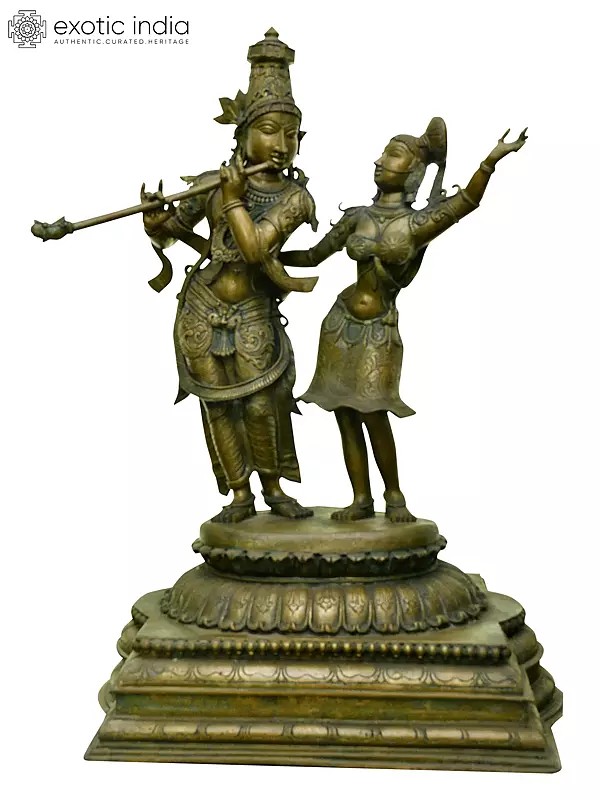 41" Large Krishna Playing Flute with Radha – Symbol of Eternal Love | Madhuchista Vidhana (Lost-Wax) | Panchaloha Bronze from Swamimalai