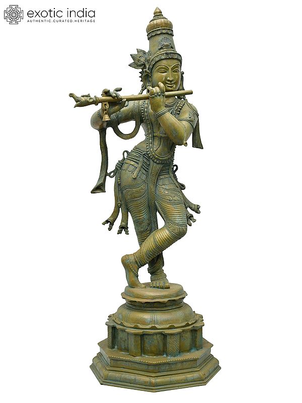 40" Large Standing Lord Krishna Playing Flute | Madhuchista Vidhana (Lost-Wax) | Panchaloha Bronze from Swamimalai