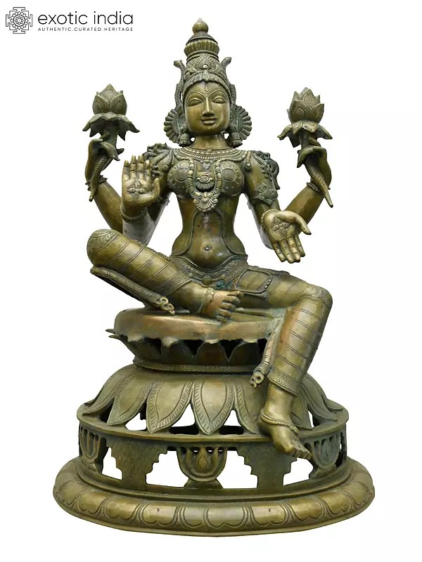 31" Large Four Armed Sitting Goddess Lakshmi | Madhuchista Vidhana (Lost-Wax) | Panchaloha Bronze from Swamimalai