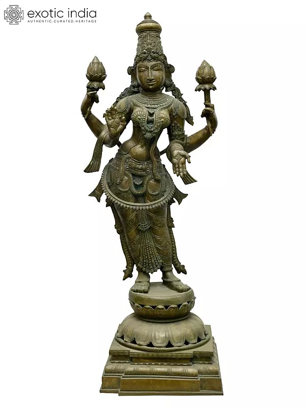 39" Large Four Armed Standing Goddess Lakshmi in Blessing Gesture | Madhuchista Vidhana (Lost-Wax) | Panchaloha Bronze from Swamimalai