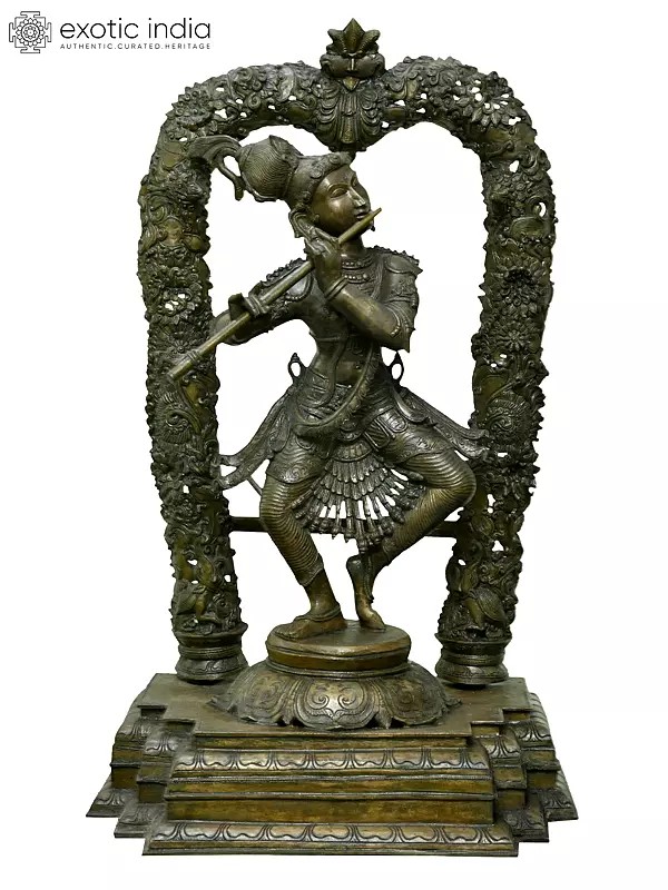 33" Large Dancing Lord Krishna Playing Flute with Ornate Kirtimukha Prabhavali | Madhuchista Vidhana (Lost-Wax) | Panchaloha Bronze from Swamimalai