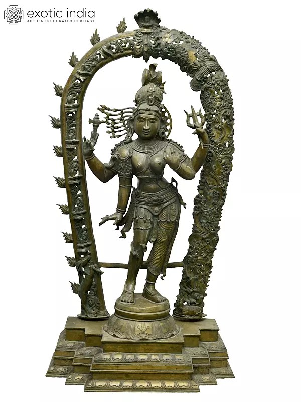 34" Large Standing Ardhanarishvara (Half Shiva Half Parvati) with Gracefully Ornamented Arch | Madhuchista Vidhana (Lost-Wax) | Panchaloha Bronze from Swamimalai