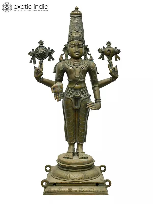 36" Large Four Armed Standing Lord Vishnu (Perumal) | Madhuchista Vidhana (Lost-Wax) | Panchaloha Bronze from Swamimalai