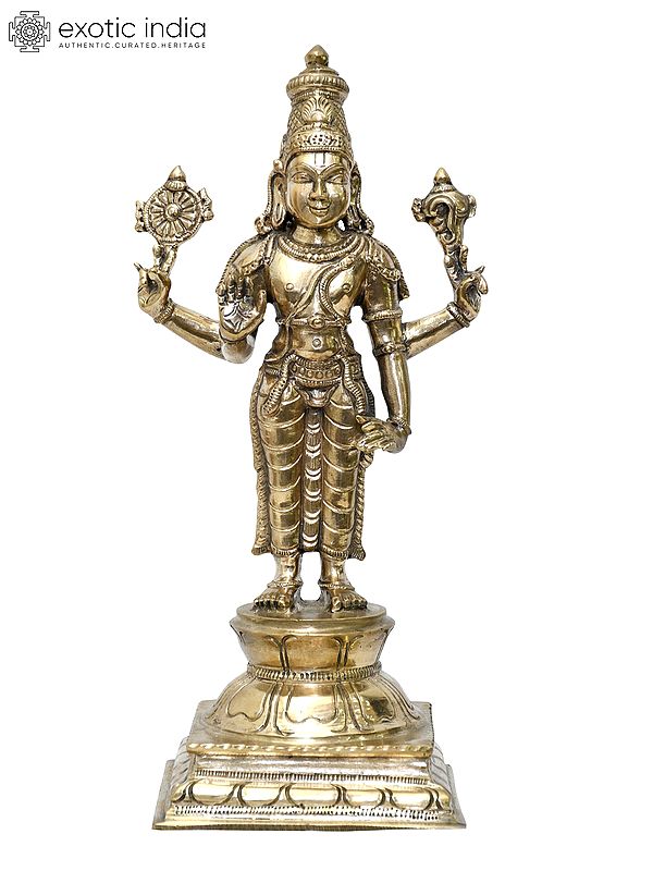10" Standing Four Hands Lord Vishnu | Madhuchista Vidhana (Lost-Wax) | Panchaloha Bronze from Swamimalai