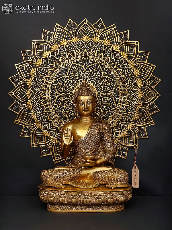 Lord Buddha in Blessing Gesture (Abhaya Mudra) with Mandala Backdrop | Brass Statue