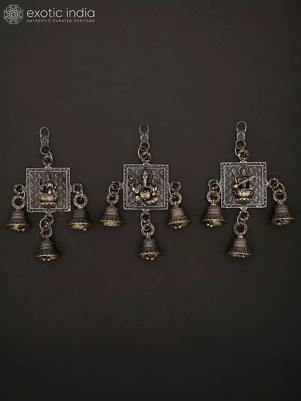 6" Small Superfine Lakshmi Ganesha Saraswati Wall Hanging Bells | Brass Statues