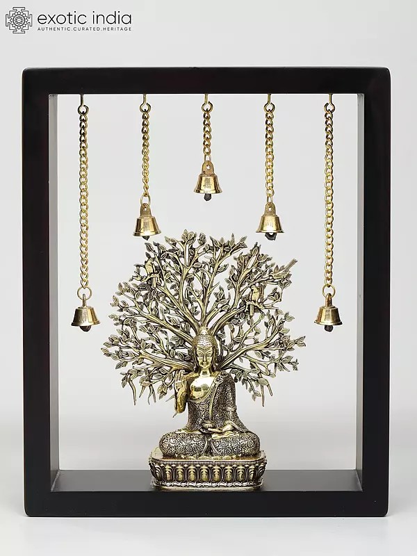11" Superfine Sitting Blessing Lord Buddha with Bodhi Tree | Wood Framed Brass Sculpture | Wall Hanging