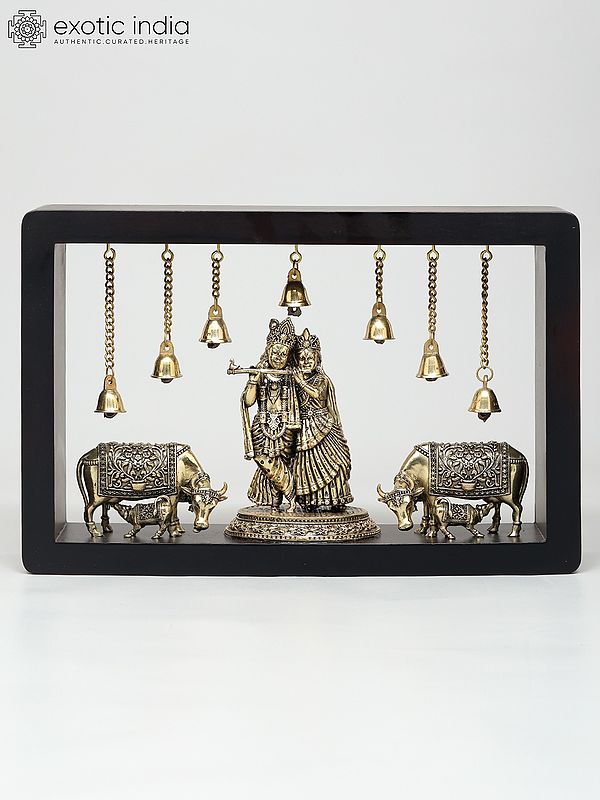 12" Wood Framed Superfine Fluting Radha Krishna with Cow and Calf in Brass | Wall Hanging