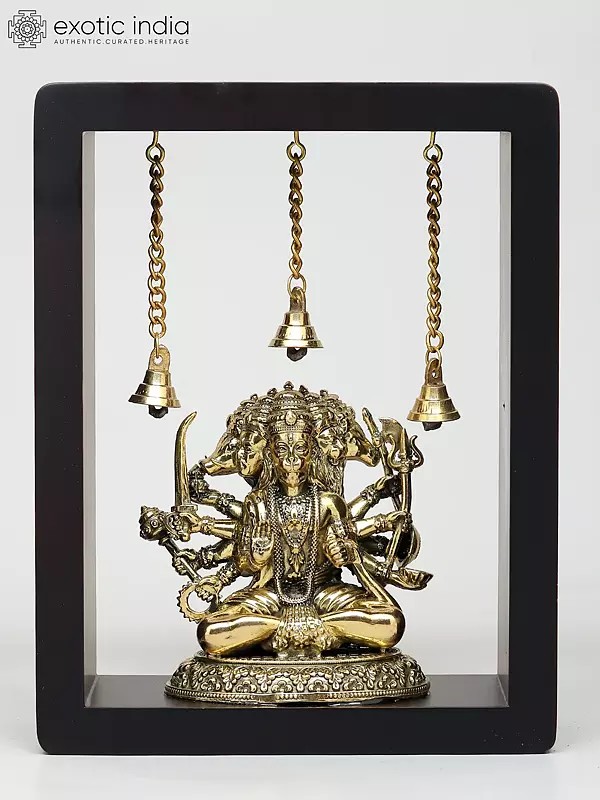 9" Superfine Ten Armed Sitting Panchamukhi Lord Hanuman | Wood Framed Brass Sculpture | Wall Hanging