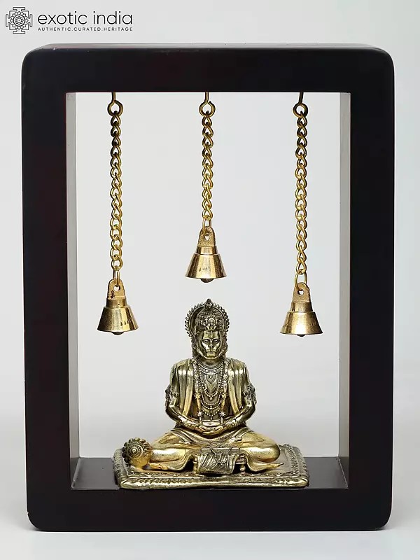 8" Superfine Sitting Lord Hanuman with Dangling Bells | Wood Framed Brass Sculpture | Wall Hanging