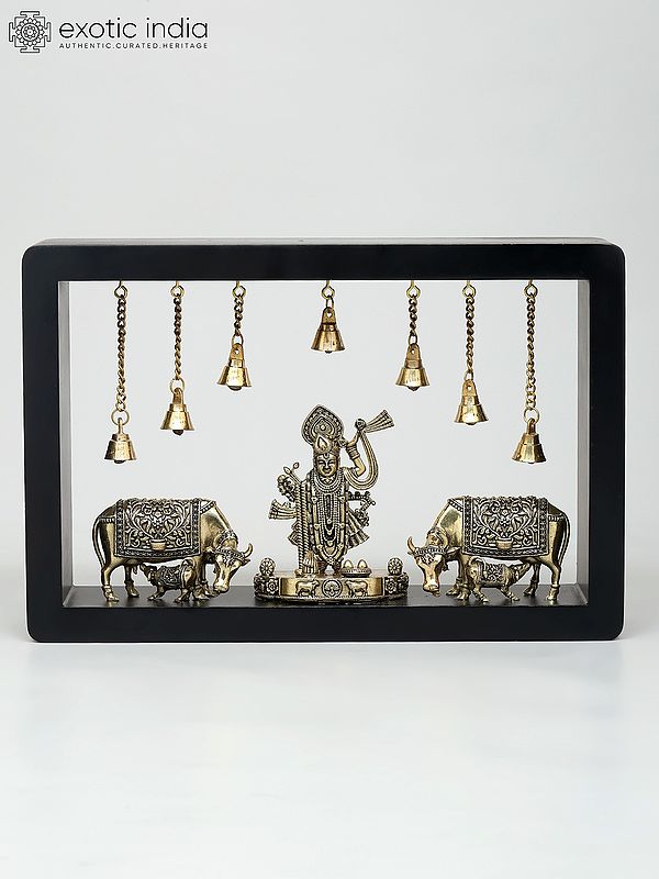 12" Superfine Shrinathji with Cows | Wood Framed Brass Sculptures | Wall Hanging