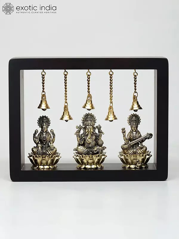 9" Wood Framed Superfine Lakshmi Ganesha Saraswati Statues in Brass | Wall Hanging