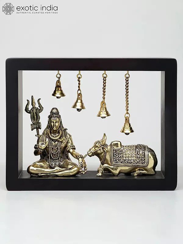 9" Superfine Sitting Lord Shiva with Nandi  | Wood Framed Brass Sculptures | Wall Hanging